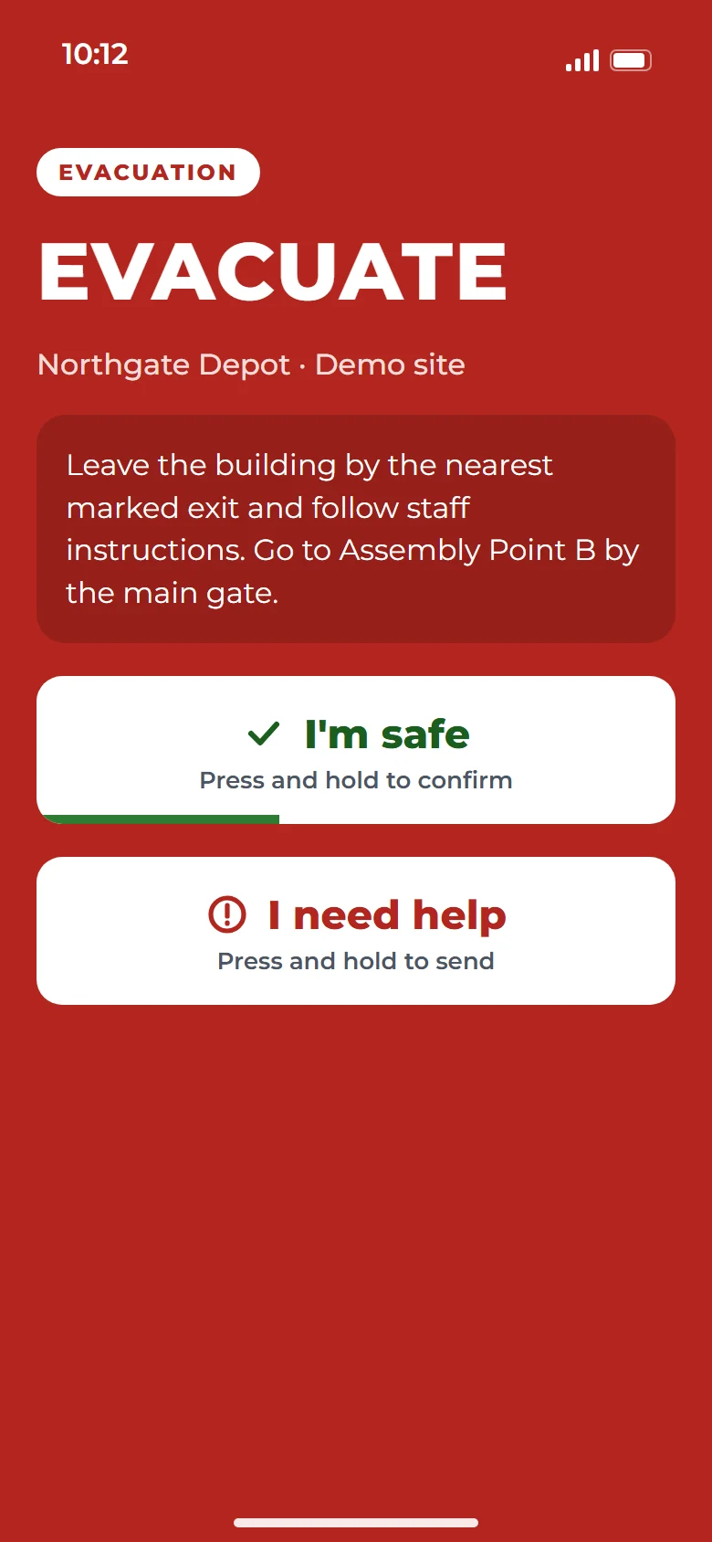 ASIP Passport emergency screen during a site evacuation, with a large "I'm safe" button and an "I need help" button.