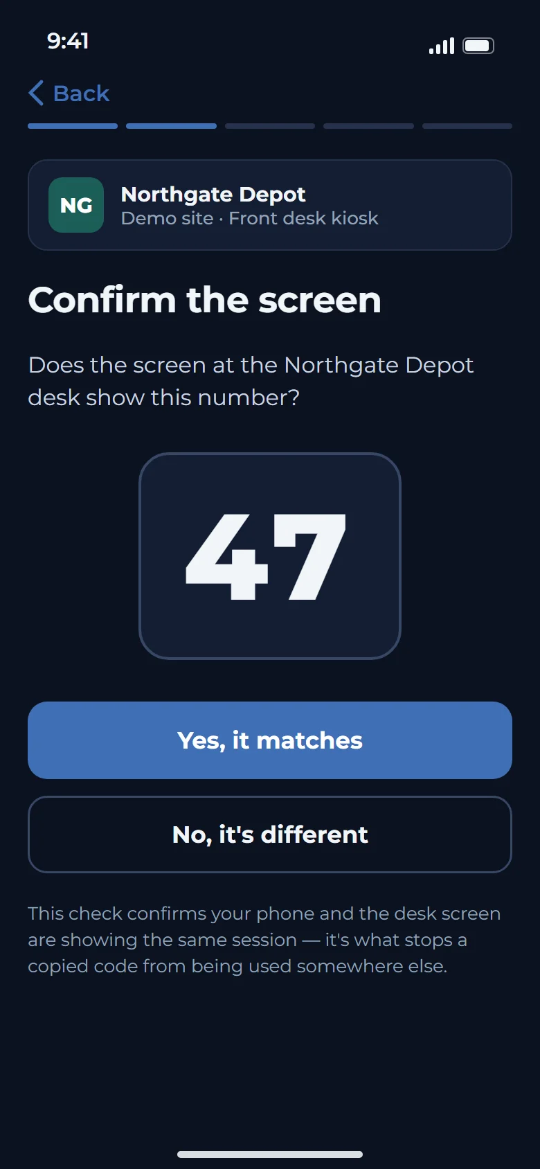 ASIP Passport check-in screen after scanning a kiosk code, asking the visitor to confirm that the number on the kiosk screen matches the number on the phone.