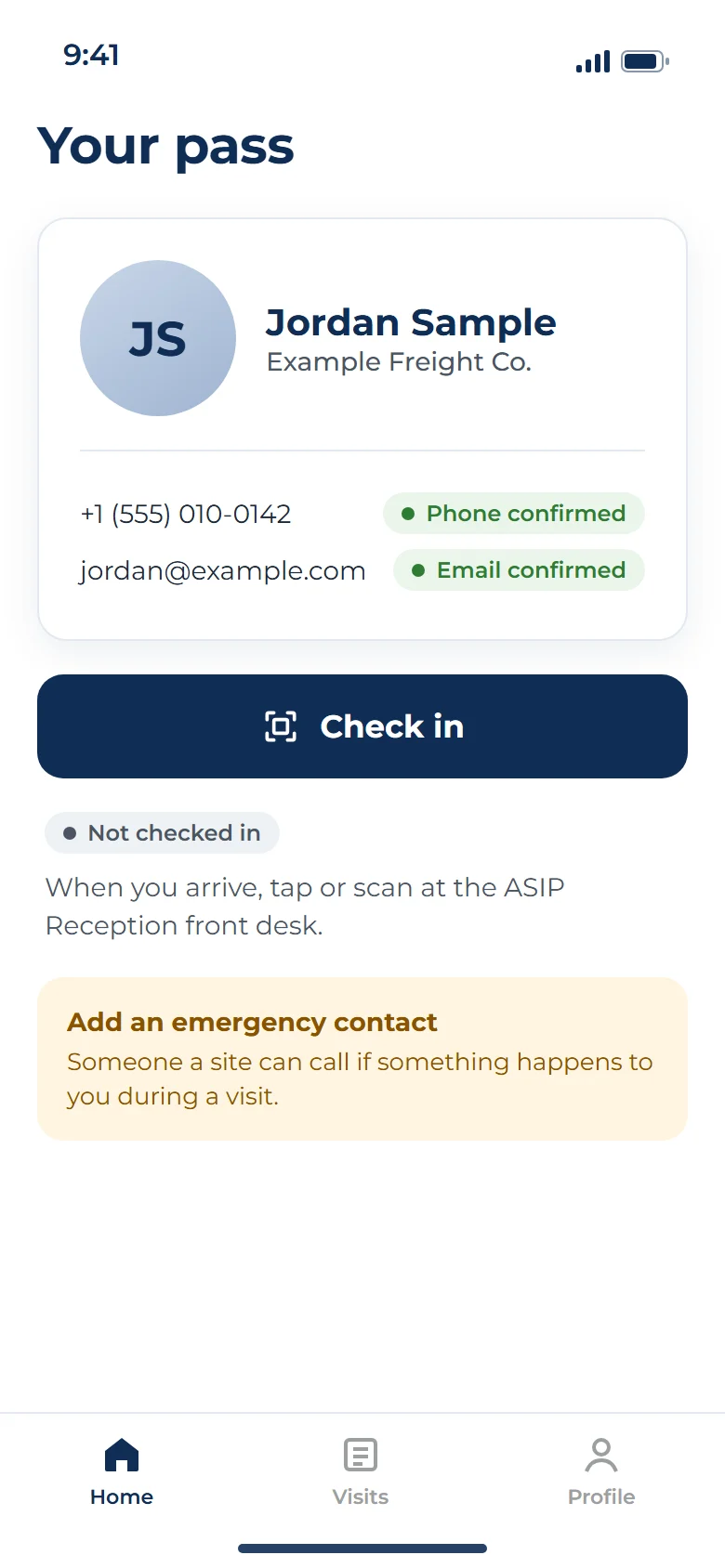 ASIP Passport "Your pass" screen showing the visitor's initials, name and company, a confirmed phone number and email, a "Check in" button and a "Not checked in" status.