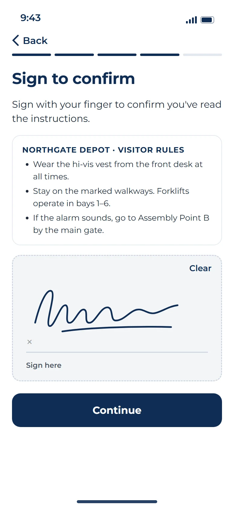 ASIP Passport showing a site's visitor instructions and safety briefing, with a space for the visitor to sign on the phone.