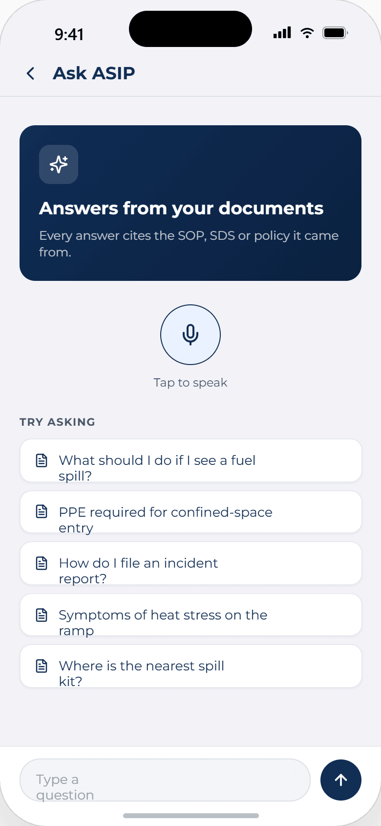 ASIP mobile Ask ASIP screen, offering to answer from the company's own documents, with a tap-to-speak control and suggested questions including what to do for a fuel spill and how to file an incident report.