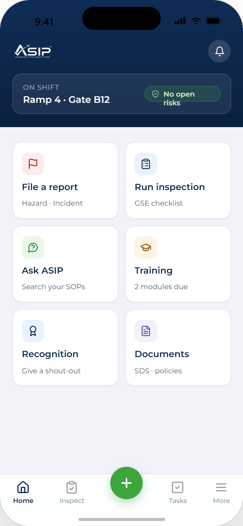ASIP mobile home screen for a worker on shift at Ramp 4, Gate B12, showing no open risks and quick actions to file a report, run an inspection, ask ASIP, review training, give recognition or open documents.