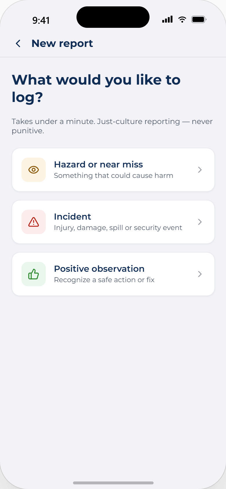 ASIP mobile New report screen asking what the reporter would like to log, with three choices: hazard or near miss, incident, or positive observation.